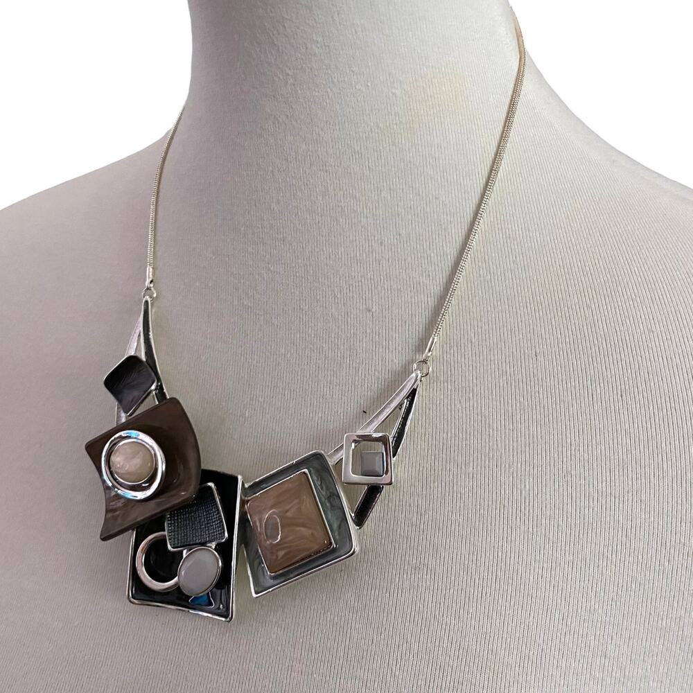 Chunky Statement Bib Necklace Brown Grey Silver Geometric Resin 17-20" Art Boho - Picture 3 of 14